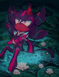 Size: 1093x1436 | Tagged: safe, artist:justashedd, shadow the hedgehog, hedgehog, 2024, abstract background, chest fluff, dark skin, flower, frown, gloves off, hand on chest, lidded eyes, lily (flower), lilypad, looking up, nighttime, one fang, outdoors, sitting, solo, water, waterlily