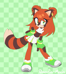 Size: 1868x2100 | Tagged: safe, artist:omorfia-moria, oc, 2025, bending over, checkered background, clothes, eyelashes, fingerless gloves, gloves, green gloves, green shoes, hair, hand on hip, looking at viewer, oc only, red panda, shoes, smile, smiling at viewer, solo, standing