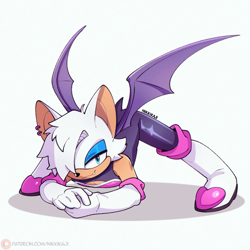 Size: 640x640 | Tagged: safe, artist:nikkikaji, rouge the bat, bat, alternate hairstyle, ass up, ear piercing, earring, gender swap, hands together, jack-o' pose, lidded eyes, looking at viewer, one fang, posing, shadow (lighting), signature, simple background, smile, smiling at viewer, solo, spread legs, white background