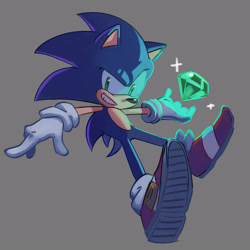 Size: 1600x1600 | Tagged: safe, artist:rosvosektori, sonic the hedgehog, hedgehog, 2023, chaos emerald, grey background, looking at viewer, simple background, smile, smiling at viewer, solo, sparkles
