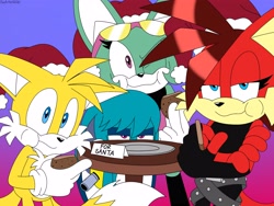 Size: 4000x3000 | Tagged: safe, artist:fartist2020, fiona fox, kit the fennec, miles "tails" prower, sonar the fennec, christmas, christmas hat, cookie, eating, flat colors, gradient background