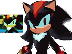 Size: 1024x768 | Tagged: safe, artist:slow_footed8, shadow the hedgehog, 2025, looking at viewer, redraw, reference inset, shadow the hedgehog (video game), simple background, solo, white background