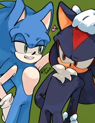 Size: 850x1100 | Tagged: safe, artist:slow_footed8, shadow the hedgehog, sonic the hedgehog, 2025, duo, green background, hand on another's head, lidded eyes, looking at each other, looking at them, simple background, smile