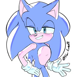 Size: 1280x1280 | Tagged: safe, artist:slow_footed8, sonic the hedgehog, 2025, lidded eyes, looking at viewer, simple background, solo, standing, white background