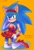 Size: 899x1318 | Tagged: safe, artist:slow_footed8, sonic the hedgehog, 2025, alternate outfit, clothes, crossdressing, dress, english text, heels, japanese text, kneeling, looking at viewer, orange background, simple background, solo