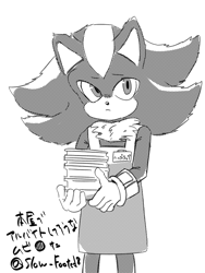 Size: 768x1024 | Tagged: safe, artist:slow_footed8, shadow the hedgehog, sonic the hedgehog 3 (film), 2025, apron, greyscale, japanese text, monochrome, simple background, solo, standing