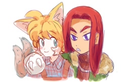 Size: 1080x703 | Tagged: safe, artist:slow_footed8, knuckles the echidna, miles "tails" prower, human, 2025, duo, humanized, looking at them, simple background, smile, white background