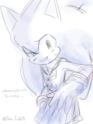 Size: 768x1024 | Tagged: safe, artist:slow_footed8, sonic the hedgehog, 2025, crossdressing, greyscale, japanese text, monochrome, schoolgirl outfit, simple background, sketch, skirt, smile, solo, white background