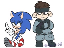 Size: 1024x768 | Tagged: safe, artist:slow_footed8, sonic the hedgehog, 2025, crossover, duo, looking at each other, looking at them, metal gear, simple background, solid snake, standing, white background