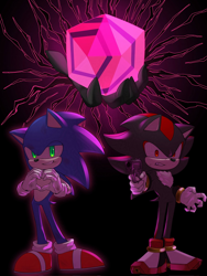 Size: 1536x2048 | Tagged: safe, artist:nding_00, shadow the hedgehog, sonic the hedgehog, 2025, black background, duo, gun, heart hands, holding something, looking at viewer, phantom ruby, simple background, smile, standing