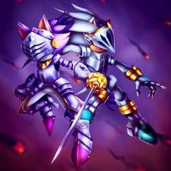 Size: 1883x1883 | Tagged: safe, artist:l1qu1d-purple, blaze the cat, silver the hedgehog, cat, hedgehog, sonic and the black knight, 2021, duo, knight armor, leaping, shipping, silvaze, sir galahad, sir percival, straight, weapon