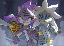 Size: 1832x1309 | Tagged: safe, artist:lark3d, blaze the cat, silver the hedgehog, cat, hedgehog, sonic and the black knight, 2021, duo, knight armor, shipping, silvaze, sir galahad, sir percival, straight, weapon