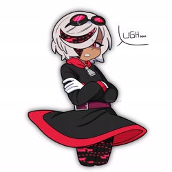 Size: 2048x2048 | Tagged: safe, artist:nikkikaji, sage, sonic frontiers, 2025, arms folded, belt, clothes, dialogue, dress, goggles, goggles on head, hair over one eye, lidded eyes, solo, sonic boom (tv), speech bubble, standing, text, zip