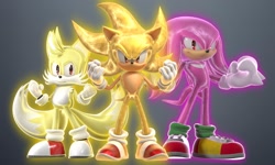 Size: 2048x1230 | Tagged: safe, artist:dokatzo, artist:plagueren, artist:tisjustcharlie, knuckles the echidna, miles "tails" prower, sonic the hedgehog, super knuckles, super sonic, super tails, echidna, fox, hedgehog, 2025, 3d, clenched fists, gradient background, looking at viewer, standing, super form, trio