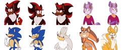 Size: 1280x512 | Tagged: safe, artist:astral_clefairy, blaze the cat, miles "tails" prower, shadow the hedgehog, silver the hedgehog, sonic the hedgehog, sticks the badger, badger, cat, fox, hedgehog, 2019, alternate outfit, expression sheet, group, redesign, simple background, white background