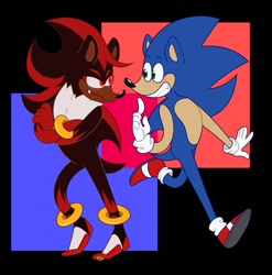 Size: 1265x1280 | Tagged: safe, artist:astral_clefairy, shadow the hedgehog, sonic the hedgehog, hedgehog, 2019, abstract background, arms folded, duo, frown, looking at each other, one fang, pointing, redesign, smile