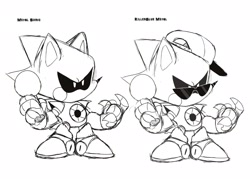 Size: 2048x1463 | Tagged: safe, artist:dirtyteeths, metal sonic, 2022, black and white, black sclera, cap, character name, cute, duality, friday night funkin, hat, holding something, line art, looking offscreen, metalbetes, monochrome, robot, simple background, solo, standing, style emulation, text, white background