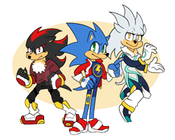 Size: 1000x800 | Tagged: safe, artist:squishy-lombax, shadow the hedgehog, silver the hedgehog, sonic the hedgehog, hedgehog, 2024, clothes, fighting pose, flat colors, floating, fully clothed, male, pose, trio, watermark