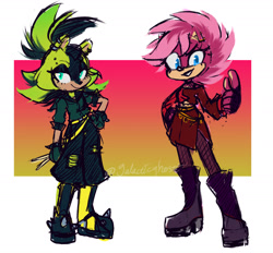 Size: 1637x1520 | Tagged: safe, artist:galacticghoste, sonia the hedgehog, surge the tenrec, 2024, alternate outfit, clothes, duo, looking at viewer, smile, standing