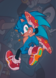 Size: 1486x2048 | Tagged: safe, artist:hasuuky, sonic the hedgehog, 2025, cheek fluff, chest fluff, echo background, fingerless gloves, gloves, looking at viewer, necklace, pawpads, redesign, ring, shoes, smile, solo, star (symbol)