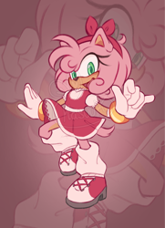 Size: 1486x2048 | Tagged: safe, artist:hasuuky, amy rose, 2025, alternate hairstyle, dress, echo background, headband, heels, leg warmers, looking at viewer, redesign, redraw, solo