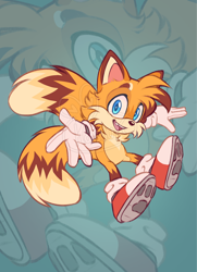 Size: 1486x2048 | Tagged: safe, artist:hasuuky, miles "tails" prower, 2025, alternate hairstyle, echo background, fur markings, looking at viewer, one fang, pawpads, redesign, redraw, smile, solo