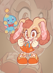 Size: 1486x2048 | Tagged: safe, artist:hasuuky, cheese (chao), cream the rabbit, chao, 2025, alternate hairstyle, bandaid, bandaid on knee, beanbrows, bracelet, buck teeth, duo, ear fluff, echo background, eyelashes, freckles, looking at viewer, neutral chao, redesign, redraw