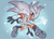 Size: 2048x1486 | Tagged: safe, artist:hasuuky, silver the hedgehog, 2025, cheek fluff, chest fluff, clenched teeth, dark skin, fur markings, looking at viewer, mid-air, neck fluff, redesign, redraw, solo, sparkles, treads