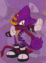 Size: 1486x2048 | Tagged: safe, artist:hasuuky, espio the chameleon, 2025, bracelet, echo background, english text, friendship bracelet, horns, kunai knife, looking at viewer, redesign, redraw, scarf, solo, standing, text