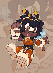 Size: 1486x2048 | Tagged: safe, artist:hasuuky, charmy bee, 2025, alternate hairstyle, bracelet, buck teeth, dark skin, echo background, fingerless gloves, freckles, friendship bracelet, gloves, goggles, goggles on head, hair, leg fluff, looking at viewer, outline, redesign, redraw, smile, solo