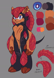 Size: 1417x2048 | Tagged: safe, artist:hasuuky, mighty the armadillo, armadillo, hybrid, 2025, barefoot, cheek fluff, chest fluff, chin fluff, claws, color palette, ear piercing, earring, english text, gloves off, grey background, lidded eyes, looking at viewer, pangolin, redesign, reference sheet, scar, simple background, smile, smiling at viewer, solo, standing, tan nose, text