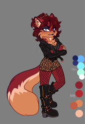 Size: 1401x2048 | Tagged: safe, artist:hasuuky, fiona fox, fox, 2025, alternate hairstyle, arms folded, belt, boots, bow, chest fluff, cleavage, clothes, corset, ear piercing, earring, eyebrow clipping through hair, face piercing, fishnets, frown, fully clothed, fur markings, hair, hair up, jacket, leather jacket, leopard-print, lip peircing, lipstick, looking at viewer, neck fluff, necklace, nose piercing, nose ring, one fang, ponytail, redesign, skirt, solo, standing