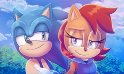 Size: 650x389 | Tagged: safe, artist:angiethecat, sally acorn, sonic the hedgehog, chipmunk, hedgehog, 2024, duo, sally x sonic, sally's ringblader outfit, shipping, straight, valentine's day