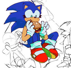 Size: 1058x1017 | Tagged: safe, artist:mealbits, sonic the hedgehog, hedgehog, 2022, burger, eating, eyelashes, food, freckles, happy, holding something, looking at something, sitting, sketch, solo