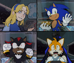 Size: 749x644 | Tagged: safe, artist:calista-222, maria robotnik, miles "tails" prower, shadow the hedgehog, sonic the hedgehog, fox, hedgehog, human, sonic adventure 2, 2025, crying, cyclone, dark skin, fake chaos emerald, flat colors, group, holding something, mouth open, sad, signature, smile, space colony ark, tan skin, tears, tears of sadness