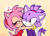 Size: 1125x809 | Tagged: safe, artist:pukopop, amy rose, blaze the cat, cat, hedgehog, 2025, :3, :<, abstract background, amy x blaze, amybetes, blazebetes, blushing, duo, flat colors, frown, gradient background, heart, hugging, lesbian, outline, shipping, signature, smile, white outline