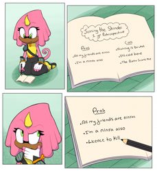 Size: 1933x2114 | Tagged: safe, artist:jenzel, 2023, belt, chameleon, clothes, comic, english text, eyelashes, female, fingerless gloves, fully clothed, gloves, journal, kneeling, liza the chameleon, pants, pencil, redraw, shoulder pad, smile, solo, text, thinking