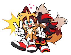 Size: 1710x1330 | Tagged: safe, artist:shadails, miles "tails" prower, shadow the hedgehog, 2025, aged up, arm around shoulders, arm fluff, blushing, cheek fluff, chest fluff, duo, ear fluff, fur markings, gay, heart, holding each other, one fang, shadow x tails, shipping, simple background, smile, standing, transparent background, v sign