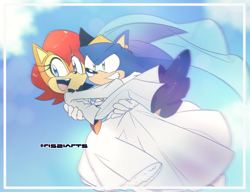 Size: 1547x1186 | Tagged: safe, artist:risziarts, sally acorn, sonic the hedgehog, chipmunk, hedgehog, 2025, carrying them, duo, leaping, sally x sonic, shipping, straight, wedding, wedding dress, wedding suit