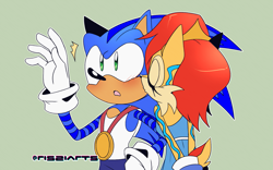 Size: 1709x1068 | Tagged: safe, artist:risziarts, sally acorn, sonic the hedgehog, chipmunk, hedgehog, 2025, alternate outfit, au:sonic world travel, blue power pattern, blushing, celebration, cyan power pattern, date, kiss, kiss on cheek, medal, sally x sonic, shipping, straight
