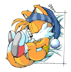 Size: 600x604 | Tagged: safe, artist:erosuke, miles "tails" prower, fox, cute, eyes closed, lying down, lying on side, mouth open, sleeping, sleeping hat, solo, unknown date, zzz