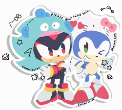 Size: 1024x923 | Tagged: safe, artist:neku_646611, shadow the hedgehog, sonic the hedgehog, 2025, commission, cosplay, duo, hangyodon, hello kitty, sanrio, simple background, smile, standing, white background, wink