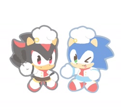 Size: 1445x1310 | Tagged: safe, artist:neku_646611, shadow the hedgehog, sonic the hedgehog, 2025, alternate outfit, chef, chef hat, chibi, cute, duo, hat, holding something, simple background, smile, standing, white background, wink