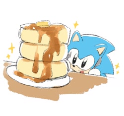 Size: 1503x1406 | Tagged: safe, artist:neku_646611, sonic the hedgehog, 2025, classic sonic, cute, food, fork, knife, pancake, simple background, solo, sonabetes, sparkles, white background