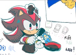 Size: 1584x1137 | Tagged: safe, artist:neku_646611, shadow the hedgehog, sonic the hedgehog, 2025, chef hat, cooking, duo, frown, frying pan, holding something, simple background, white background