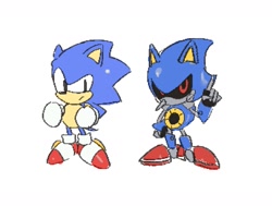 Size: 1735x1315 | Tagged: safe, artist:neku_646611, metal sonic, sonic the hedgehog, 2025, classic sonic, duo, robot, simple background, standing, white background