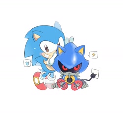 Size: 1442x1318 | Tagged: safe, artist:neku_646611, metal sonic, sonic the hedgehog, 2025, classic sonic, duo, hand on another's head, robot, simple background, smile, standing, white background