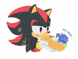 Size: 1939x1461 | Tagged: safe, artist:neku_646611, shadow the hedgehog, sonic the hedgehog, 2025, chili dog, duo, english text, food, holding something, looking at each other, looking at them, simple background, smile, white background