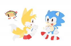 Size: 1974x1284 | Tagged: safe, artist:neku_646611, miles "tails" prower, sonic the hedgehog, 2025, classic sonic, classic tails, duo, looking at each other, looking at them, simple background, smile, standing, white background