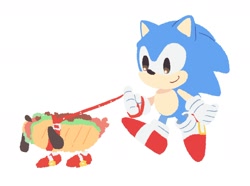 Size: 1944x1449 | Tagged: safe, artist:neku_646611, sonic the hedgehog, 2025, chili dog, classic sonic, duo, food, leash, simple background, walking, white background